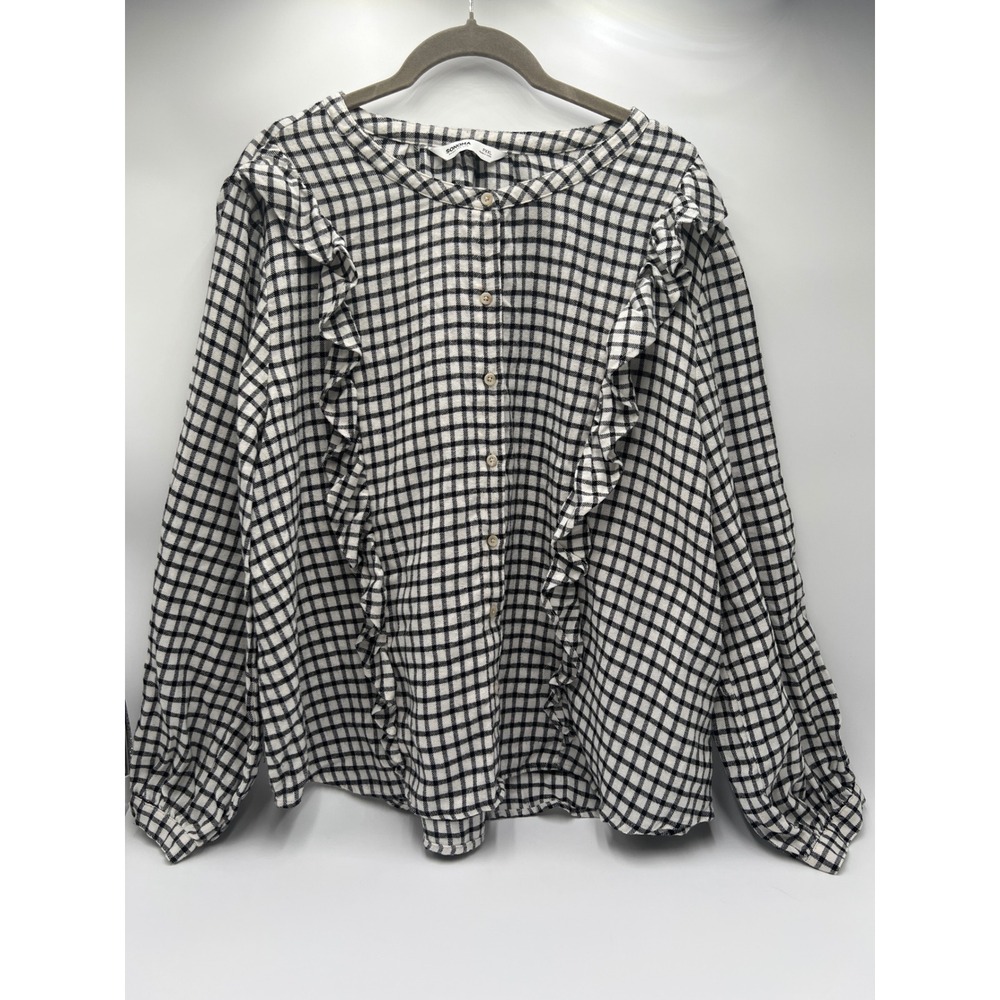 Sonoma Women's Black White Gingham Ruffle Front Button Up Long Sleeve Shirt PXXL